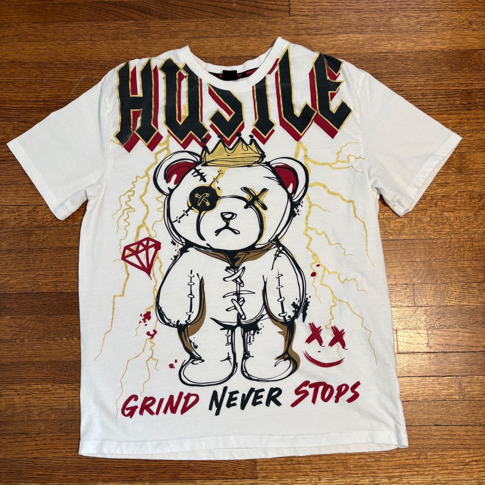 Hustle Grind Never Stops‎ Bear Shirt Rebelious Culture Streetwear Graphic Tee L
